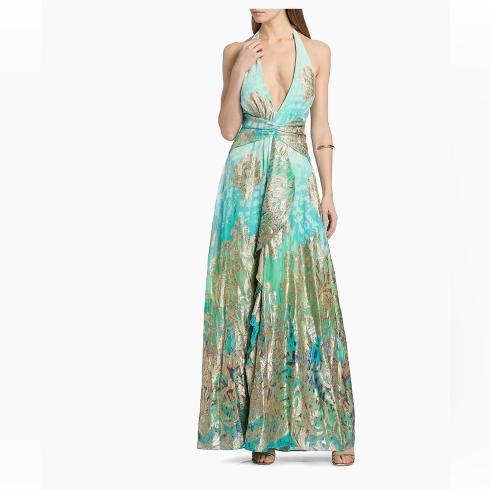 Ramy Brook Halter Neck Green ( Aqua ) and Gold Maxi Dress Gown, size 16. NWT